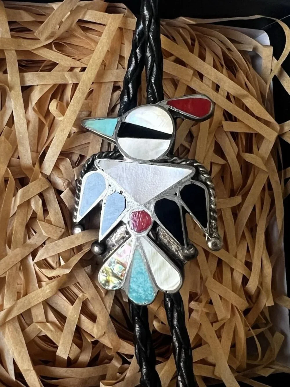 Vintage Zuni 925 Sterling Mosaic Inlay Thunderbird Peyote Bird Bolo Neck Tie